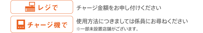 レジでチャージ金額をお申し付けください。チャージ機で使用方法につきましては係員にお尋ねください。※一部未設置店舗がございます。