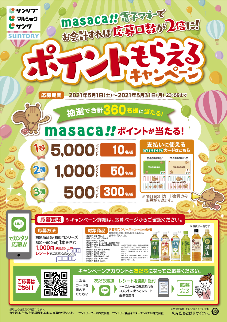 サンリブ サントリーフーズ 合同企画 Masaca 電子マネーでお会計すれば応募口数が2倍に ポイントもらえる キャンペーン サンリブ グループ サンリブ サントリーフーズ 合同企画 Masaca 電子マネーでお会計すれば応募口数が2倍に ポイントもらえる キャンペーン サンリブ グループ